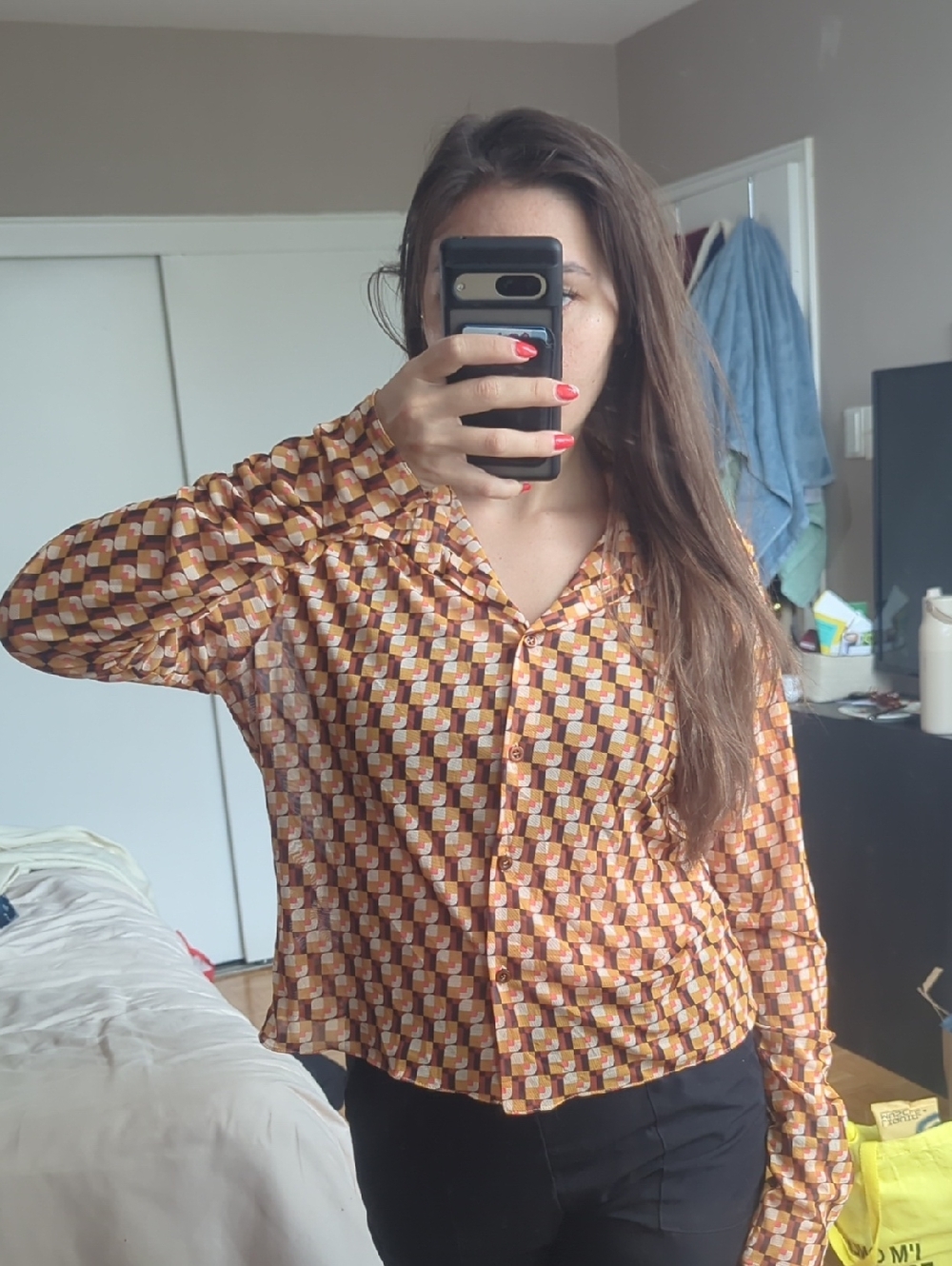 Zara Checked Retro Button-Up Blouse in Mustard, Brown & Cream Mesh